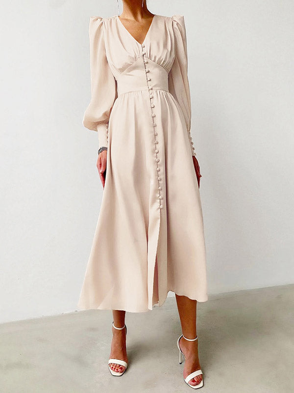 A-line High Waisted Buttoned Pleated Color V-neck Midi Dresses