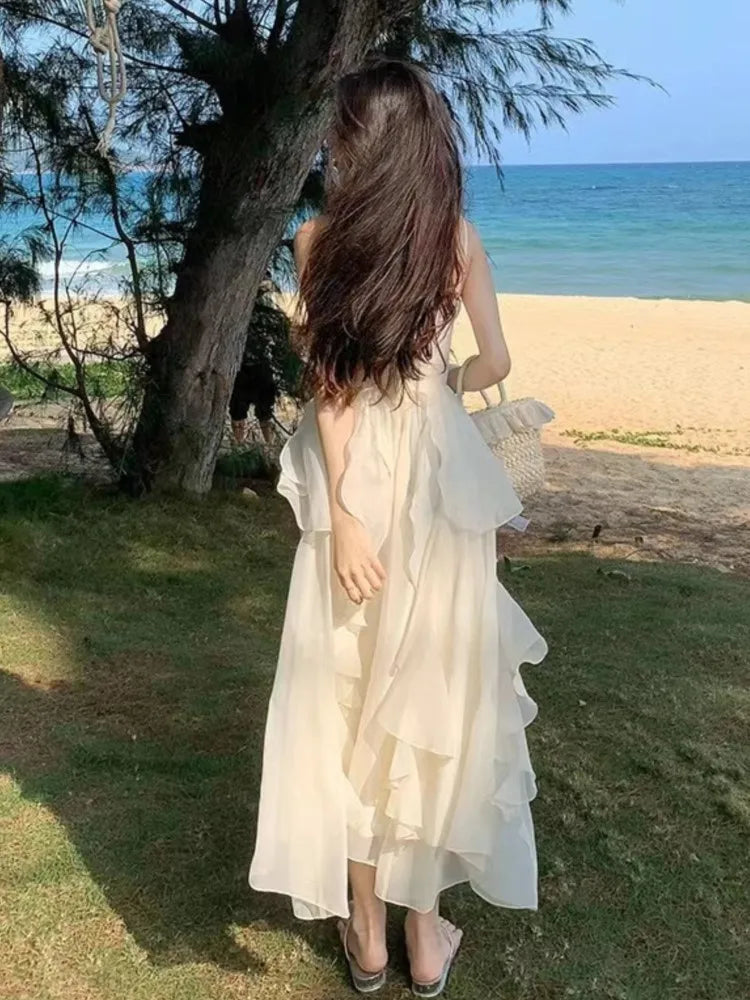 Irregular Ruffles Midi Dress New Summer Spaghetti Strap Beach Vocation Korean Female Vestidos