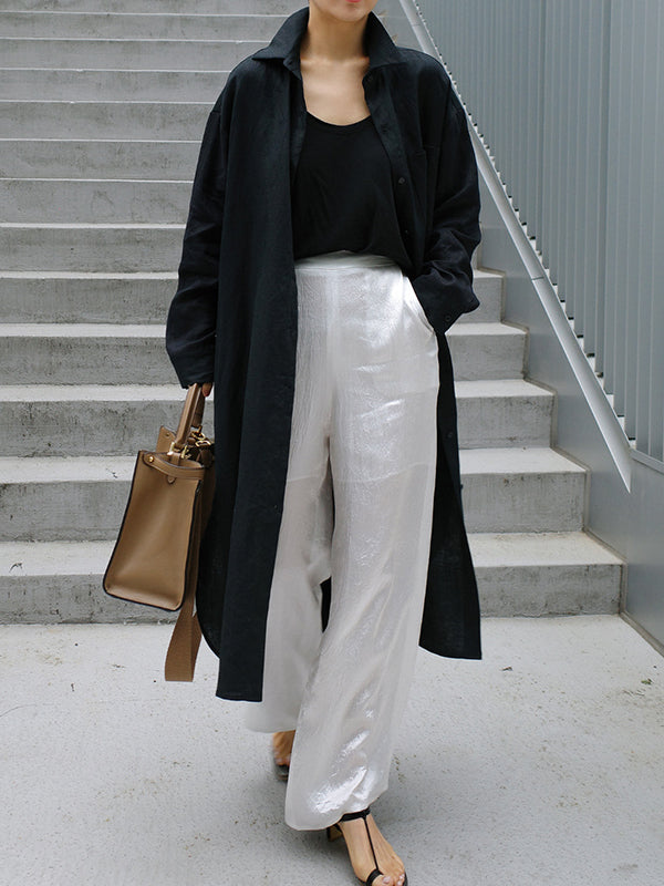Simple Long Sleeves Split-side Color Lapel Midi Dresses Shirt Dress