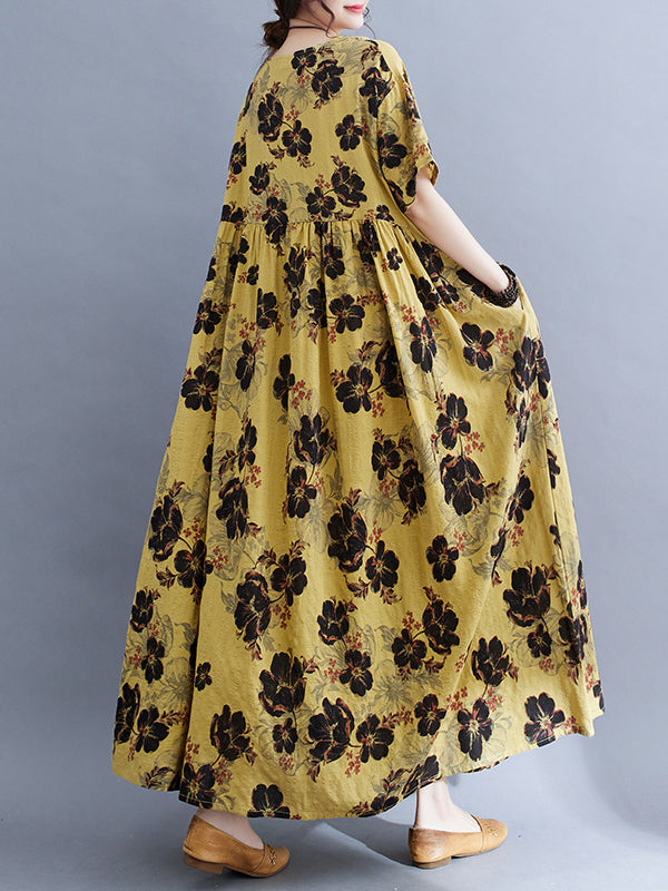 Loose Short Sleeves Pleated Printed Split-joint Round-neck Midi Dresses