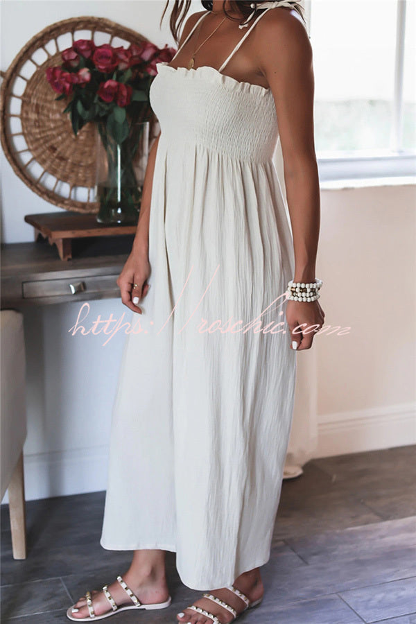 Color High Waist Linen Blend Suspender Pleated Jumpsuit