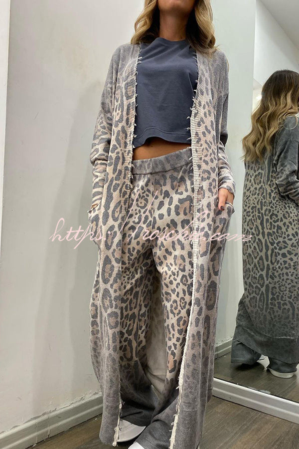 Comfort First Leopard Print Pocket Long Sleeve Cardigan Elastic Waist Pants Set