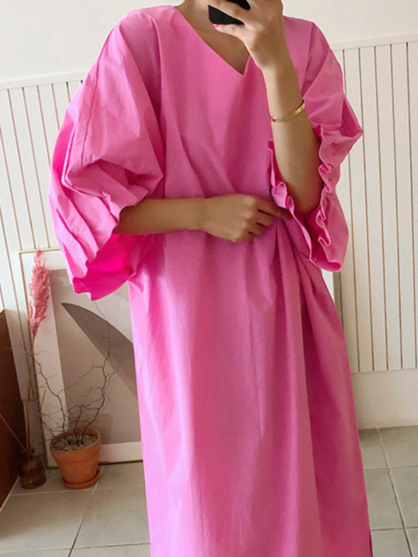 Causal Pleated Raglan Sleeve V-neck Midi Dress