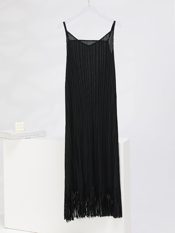 Loose Sleeveless Pleated Color Tasseled Spaghetti-neck Midi Dresses
