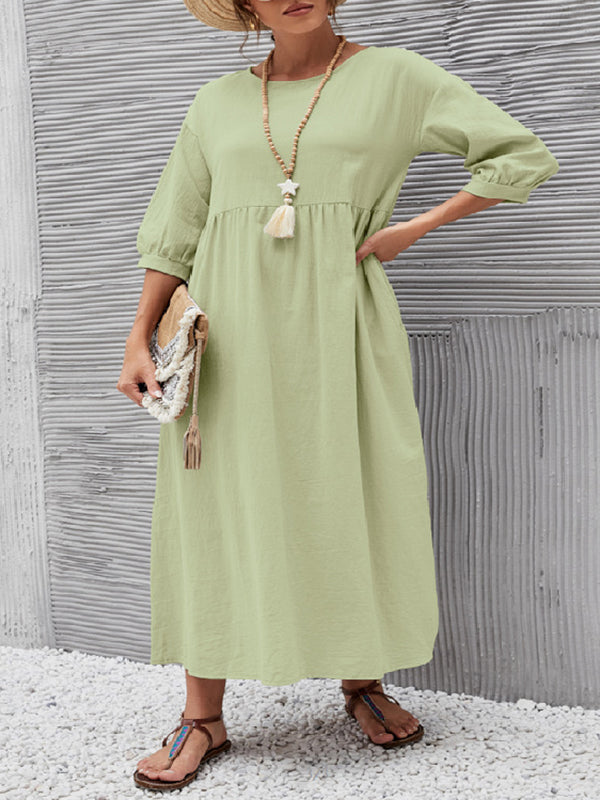 11 Colors Simple Round-neck Color Midi Dress