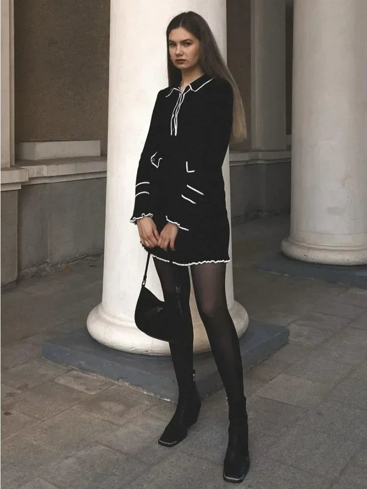 Ruffled Knit Dress Autumn Ribbed Contrast Long Sleeve High Waist Lapel Gown Dress Knitwear Maxi Dress