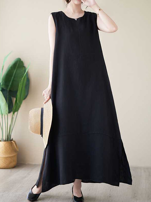 A-line Loose Color Round-neck Midi Dresses