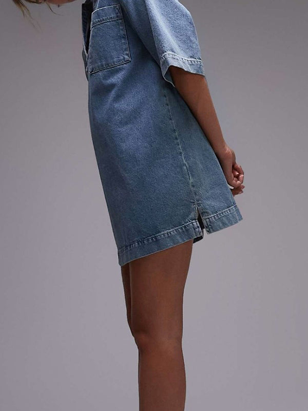 Loose Short Sleeves Pockets Color Lapel Mini Dresses