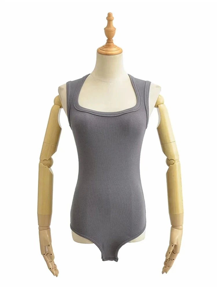 ’s Slim Square Collar Sleeveless Bodysuit Shoulder Vest Jumpsuit Backless Pullover Top