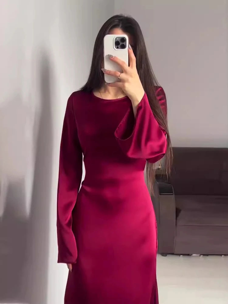 Satin High Waist Maxi Dress Bell Sleeve Lace Up Slim Banquet Mermaid Bodycon Dresses Throbbing in Autumn