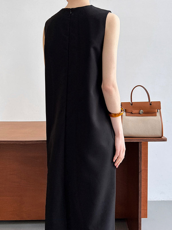 High Waisted Loose Pockets Color Split-back Zipper Round-neck Midi Dresses
