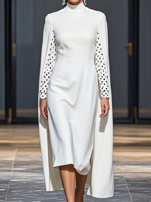 Capelet Long Sleeves Polka-dot Split-joint Mock Neck Midi Dresses