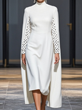 Capelet Long Sleeves Polka-dot Split-joint Mock Neck Midi Dresses