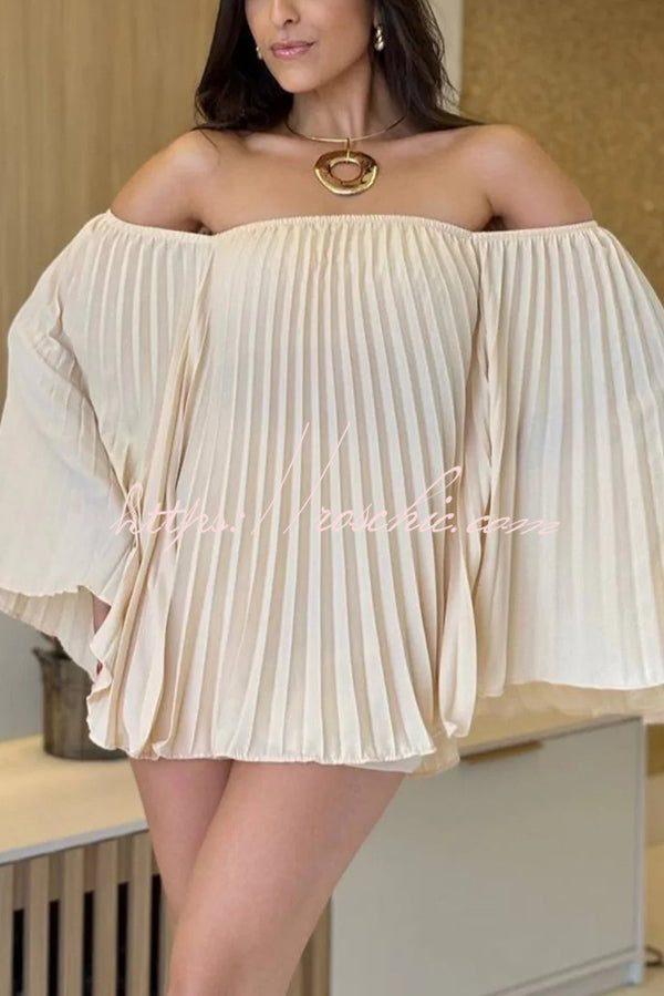 Off-the-shoulder Pleated Loose Top and Elastic Waist Shorts Set
