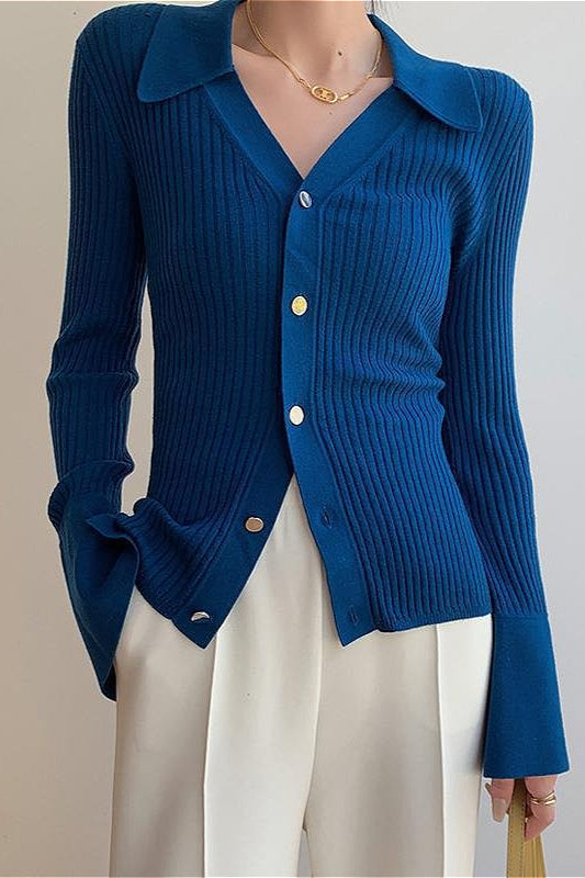 Blue V-neck Stylish Slim Knit Cardigan