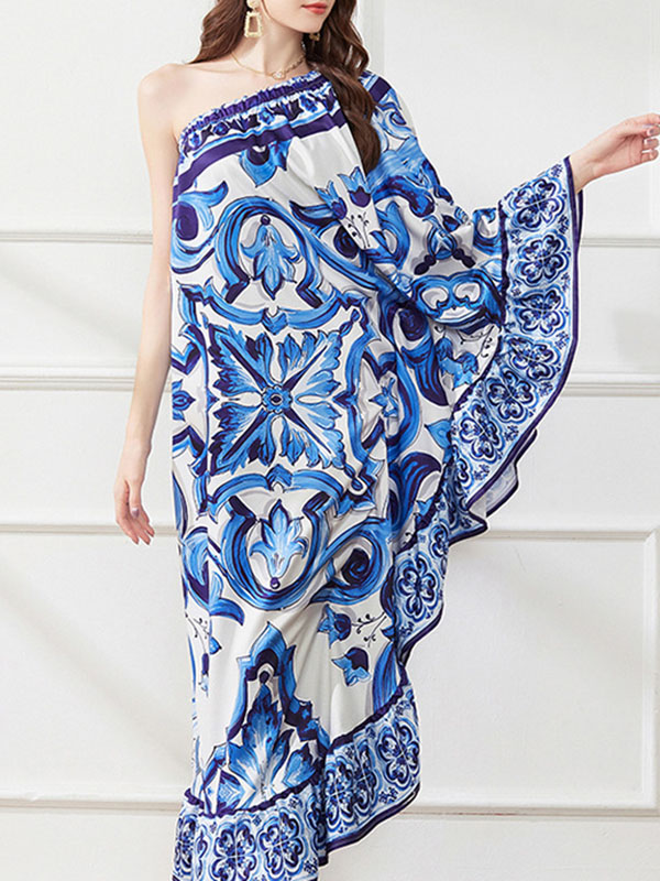 Batwing Sleeves Loose Asymmetric Falbala Printed One-shoulder Midi Dresses