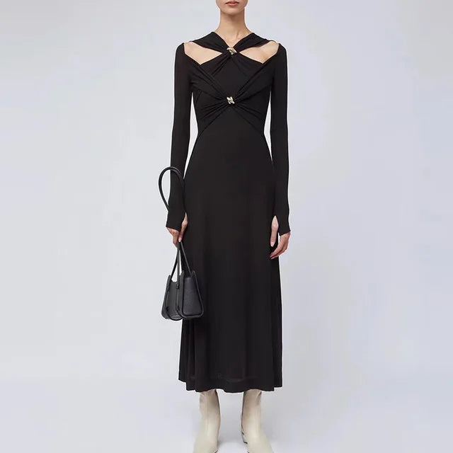Irregular High-waist Slim-fitting Long-sleeved Dress Fashionable Metal Twist Evening Dress White Long Dresses for