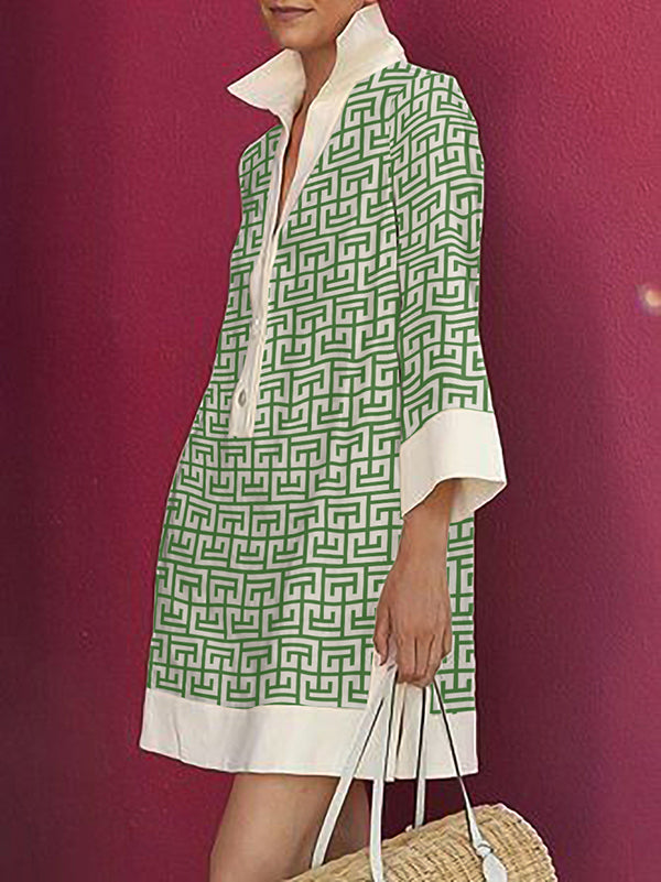 Long Sleeves Three-quarter Sleeves Buttoned Printed Lapel Mini Dresses Shirt Dress