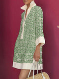 Long Sleeves Three-quarter Sleeves Buttoned Printed Lapel Mini Dresses Shirt Dress