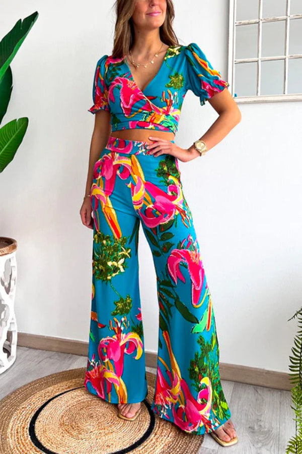 Print V Neck Short Sleeves Crop Top Elastic Waist Wide Leg Pants Set