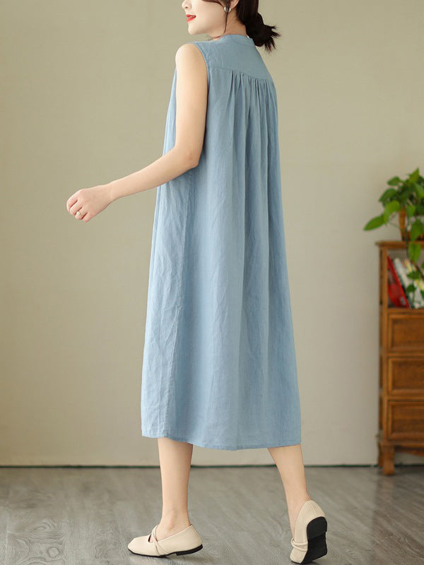 A-line Sleeveless Buttoned Pleated Color Round-neck Midi Dresses