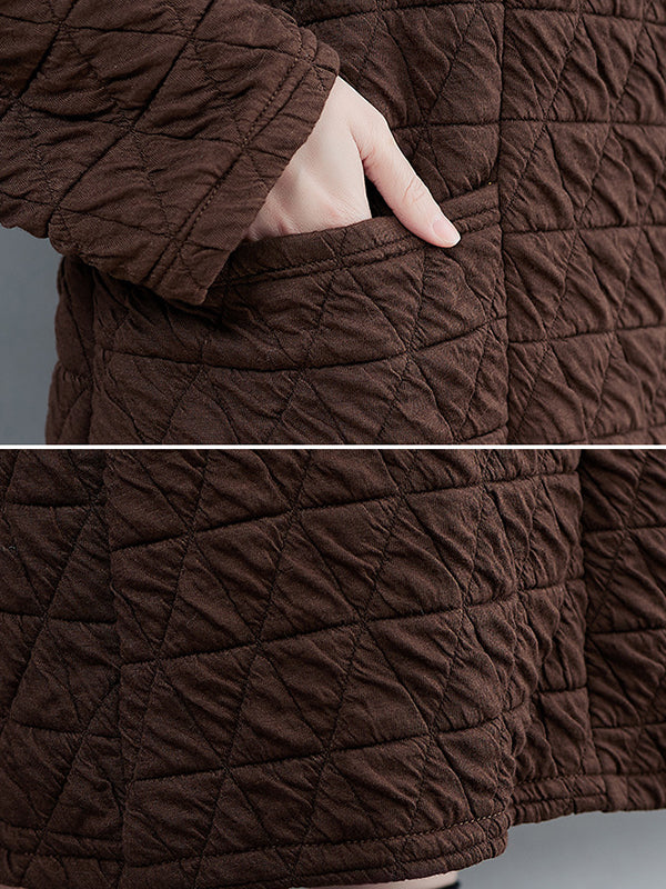 Long Sleeves Loose Color Textured High-neck Cotton Padded Midi Dresses