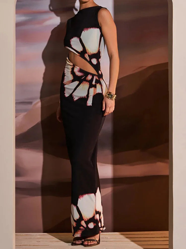 Hollow Out Printed Sleeveless Maxi Dress ’s Summer Slim High Waist Female Bodycon Long Dress New