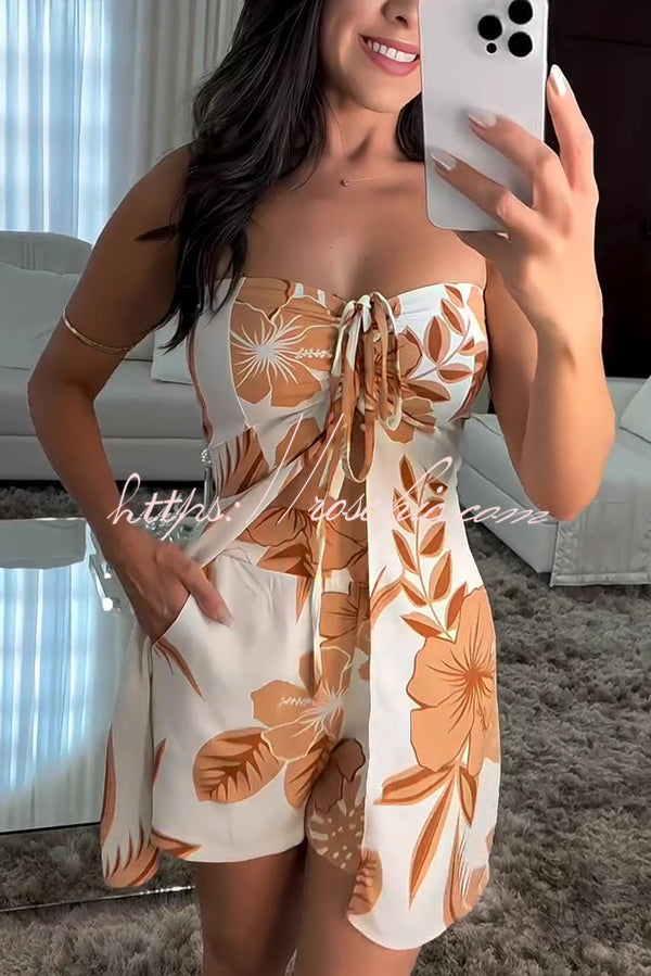 Print Bandeau Drawstring Top and Elastic Waist Pocket Shorts Set