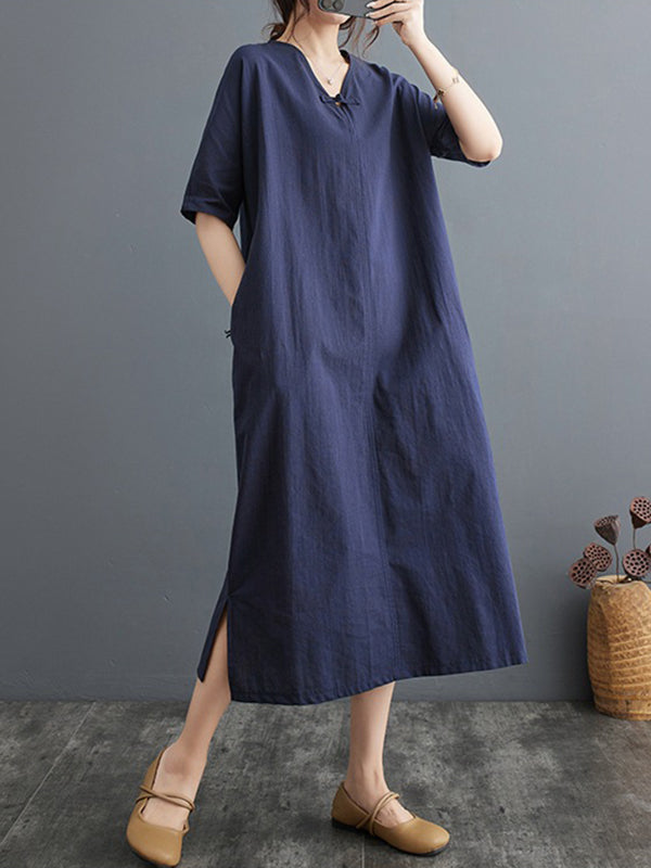 A-line Loose Chinese Frog Buttons Pockets Color Split-side V-neck Midi Dresses