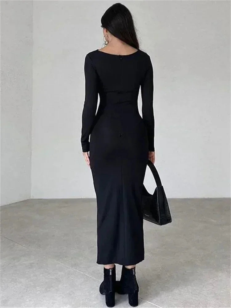 Pleated Autumn Dress Patchwork Long Sleeve Maxi Dress