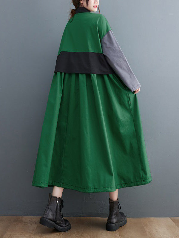 Loose Long Sleeves Contrast Color Polo Midi Dresses