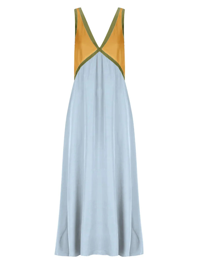 Patchwork V-neck Strapless Maxi Dress – Sleeveless Spring Party Dress