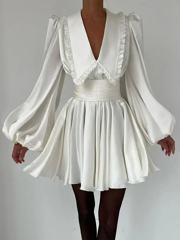 Deep V Neck Folds Dress for Ruffles Turn Collar Belt Mini Dresses Lady Retro Party Evening Dress Female New
