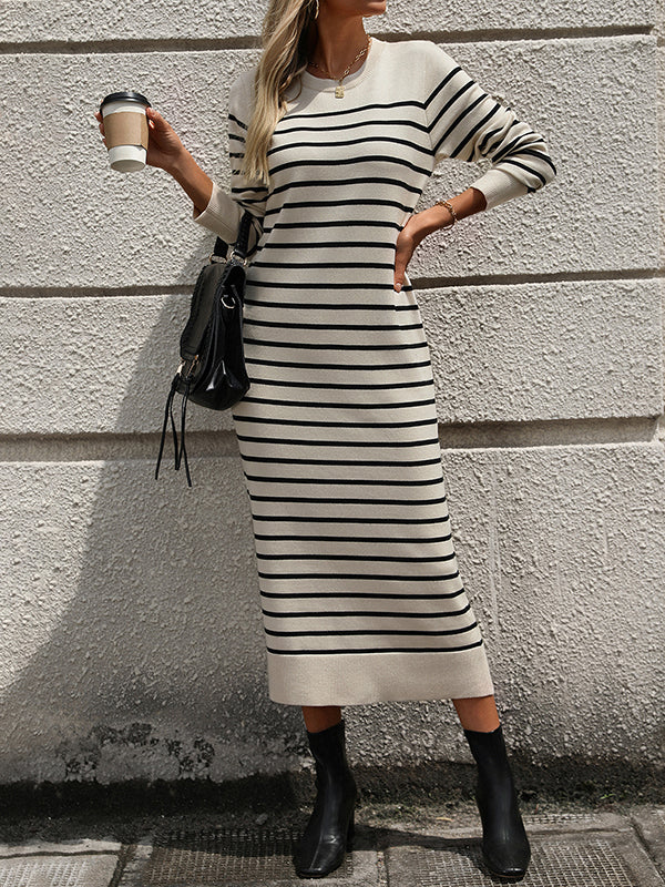 Long Sleeves Loose Split-joint Striped Round-neck Midi Dresses Sweater Dresses