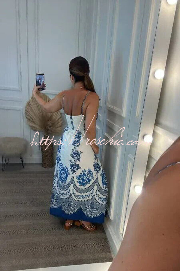 Villa Vacation Print Back Smocked Loose Midi Dress