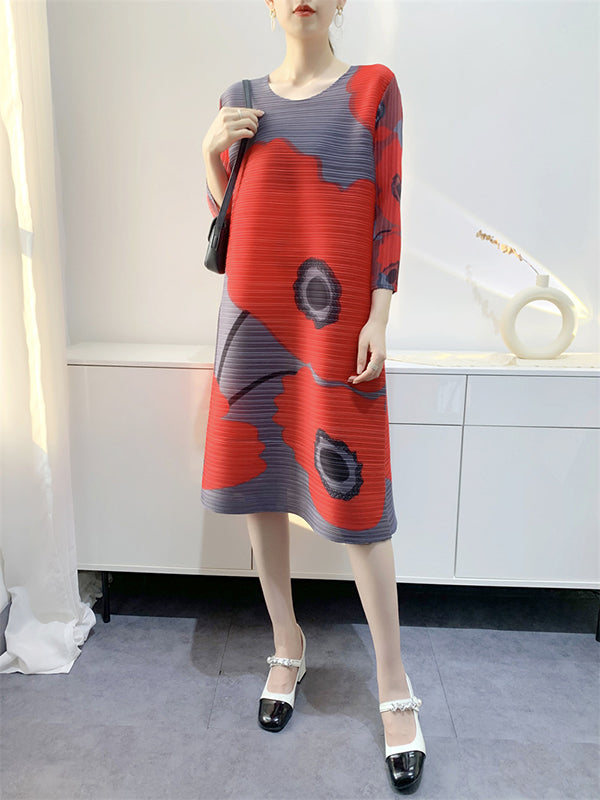 Original Three-quarter Sleeves Loose Printed Contrast Color Pleated Round-neck Midi Dresses