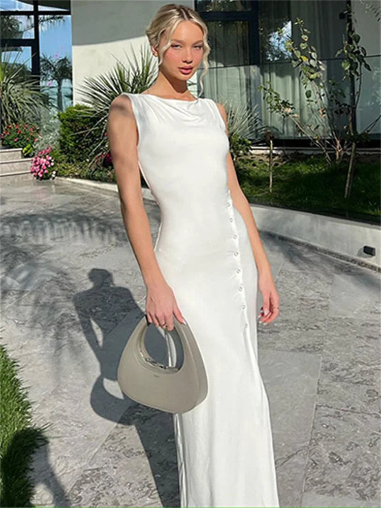 Summer White Maxi Dress High Waist Sleeveless Patchwork ’s Party Dress High Split Dress