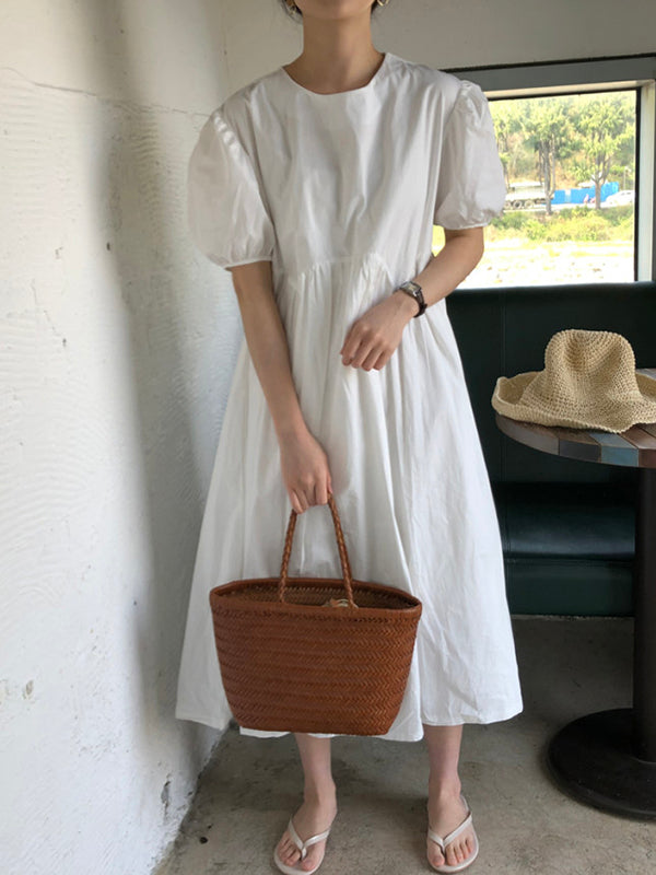 Original Loose Color Pleated Puff Sleeves Midi Dress