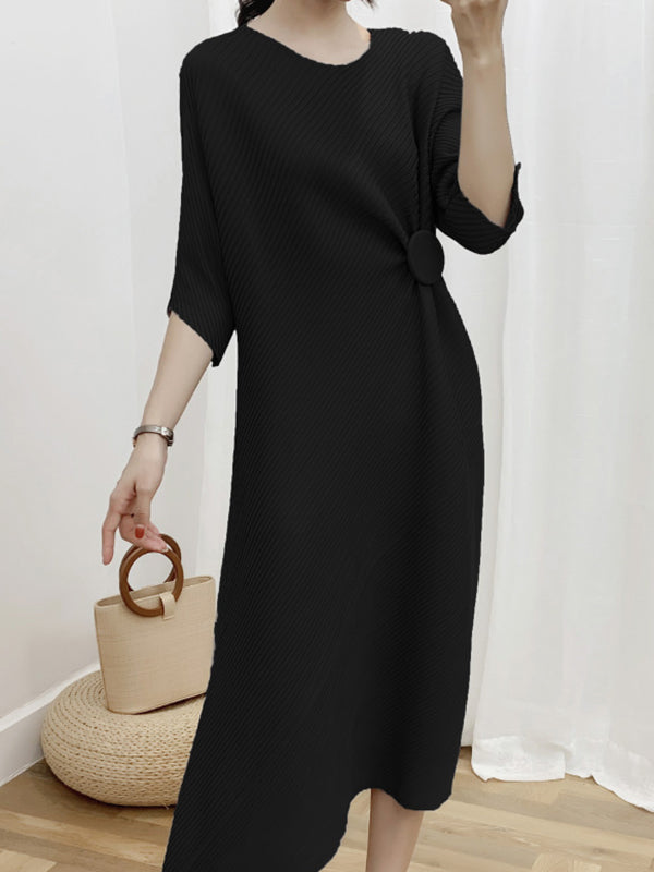 Half Sleeves Irregular Clipping Pleated Color Round-neck Midi Dresses