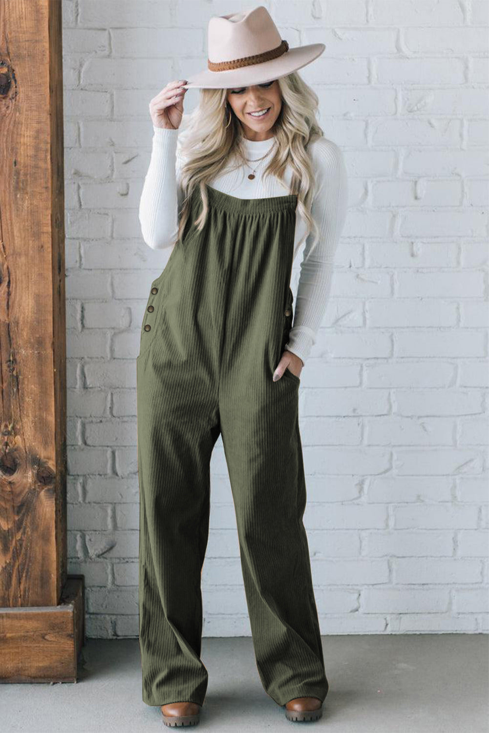 Color Pocketed Corduroy Overall