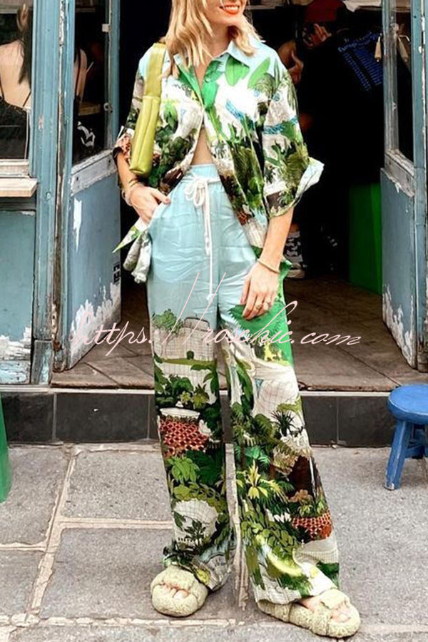 Landscape Print Button Pocket Tie Elastic Waist Pants Set