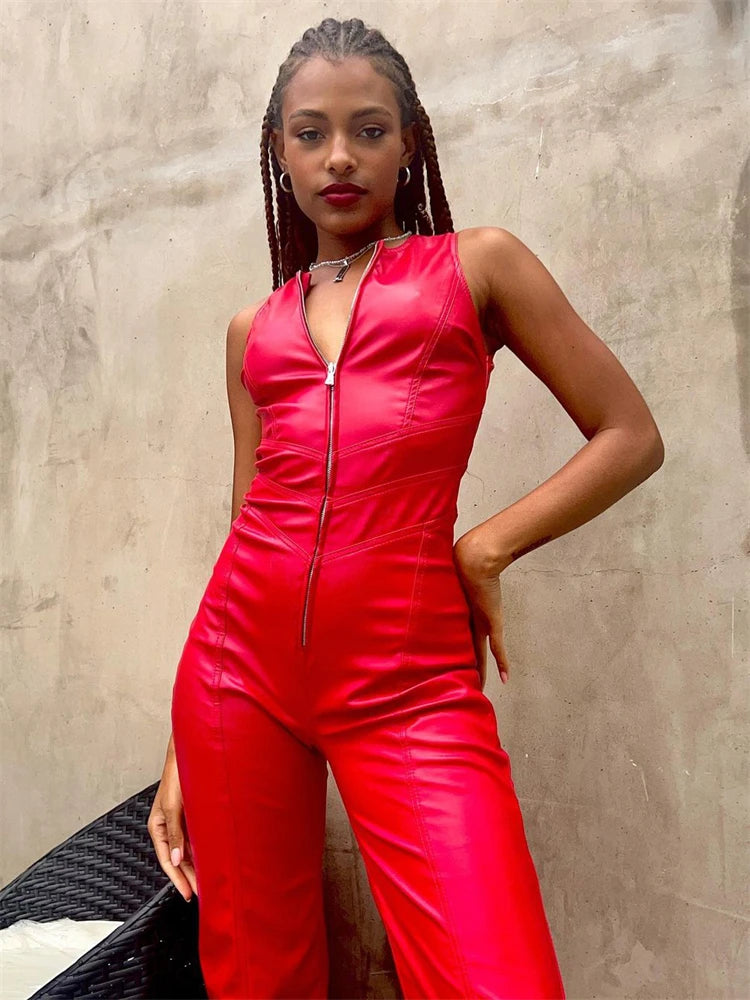 Pu Leather Backless Jumpsuit Wide Leg Jumpsuit Overalls for Skinny Hot Faux Jumpsuit
