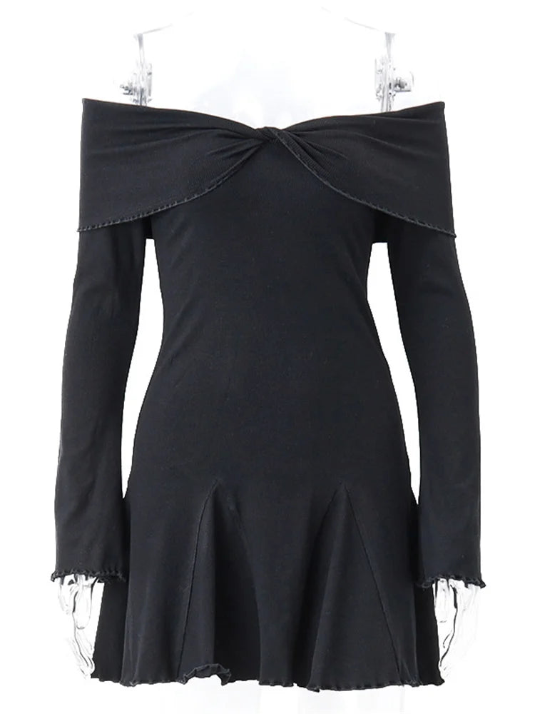 Black Knit Ruffled Mini Dress Patchwork Off-shoulder Loose Slim Ribbed Dress Knitwear Clothes Female Dress
