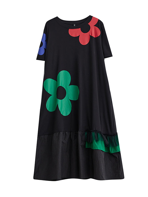 Loose Short Sleeves Printed Split-joint Round-neck Midi Dresses
