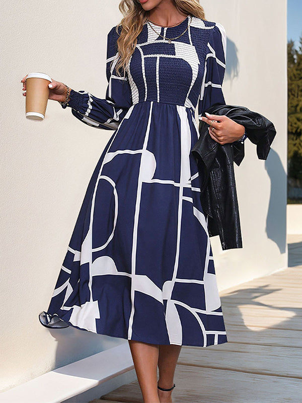 A-line High Waisted Elasticity Printed Split-joint Round-neck Midi Dresses