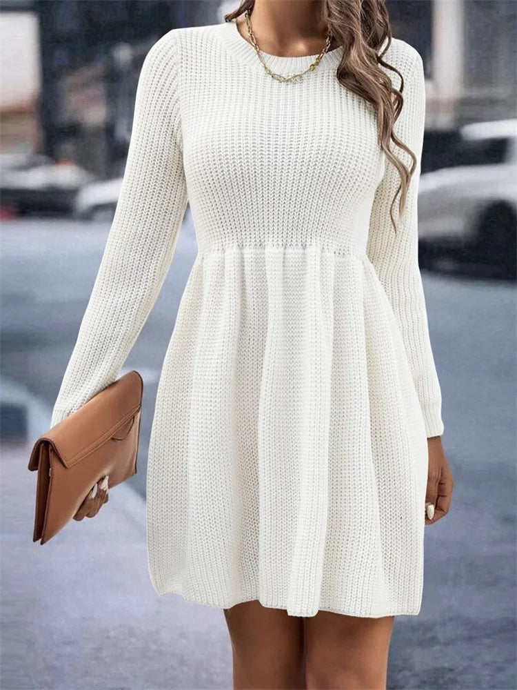 High Waist Hollow Out Mini Dress Female Patchwork Pleated Party Dress Slim Long Sleeve Dress