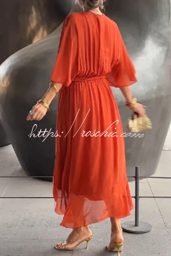 Color V-neck Bat Sleeve Lace-up Irregular Hem Midi Dress