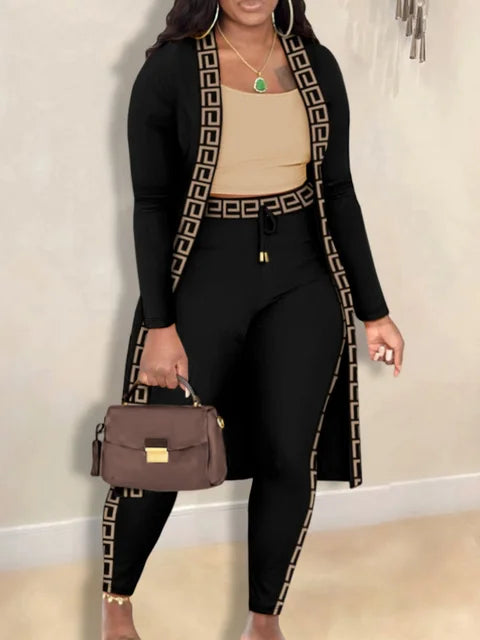 Autumn Winter 2 Piece Sets Outfit Cami Pattern U Neck Long Sleeve Drawstring Three Piece Skinny Pants Set
