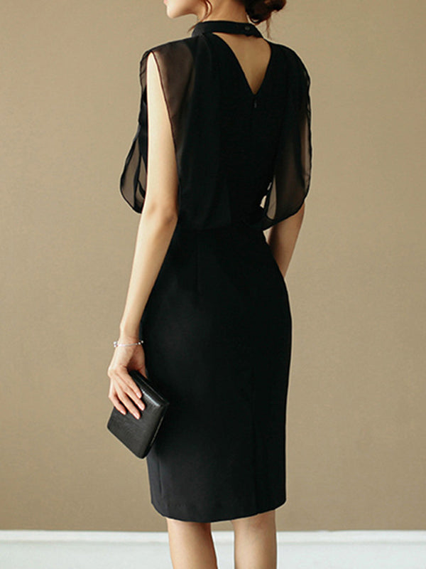 Loose Sleeveless Gauze Hollow See-through Split-joint Zipper Stand Collar Evening Dresses Midi Dresses