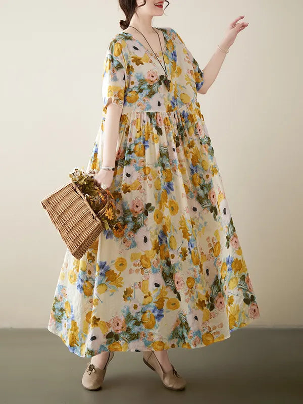 A-line Loose Printed Round-neck Midi Dresses